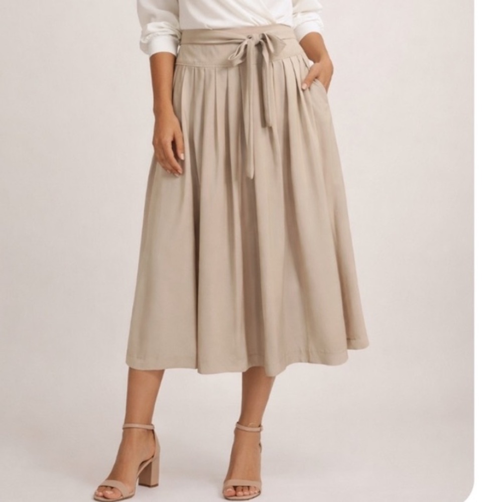 Calvin Klein Beige Taupe Pleated Midi Skirt Belt pockets lined Sz 10